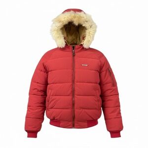 Azzure Vintage Love Life Denim Reversible Puffer Jacket Fur Hood Red‎ Tan Size L